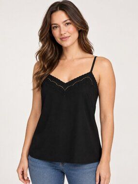 Time and Tru S Black Embroidered Cami Top Adjustable Straps Relaxed V Neck